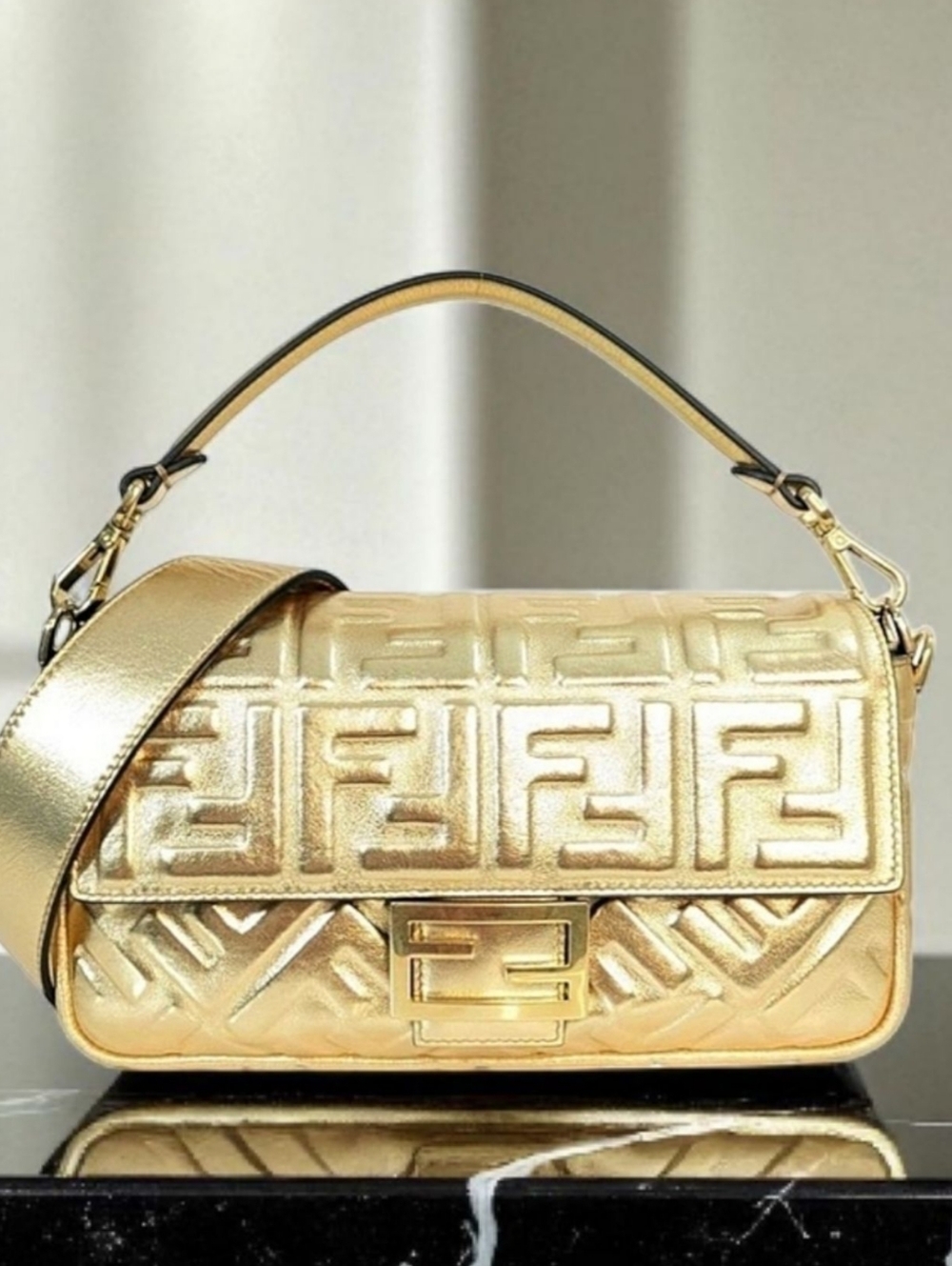 Fendi Baguette Medium Gold Metallic Embossed Leather Shoulder Bag